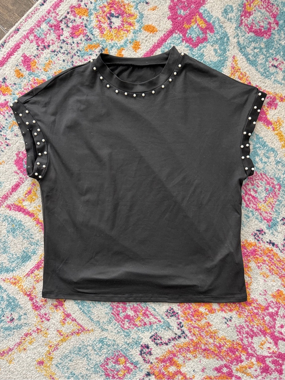 Black Pearl-Stud Short Sleeve Top